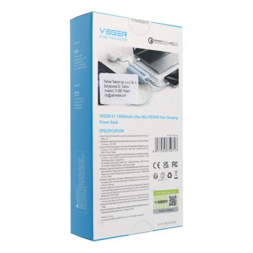Veger W1188 powerbank beépített Type-C és Lightning kábellel 10000mAh 35W QC3.0 PD - kék - Image 2