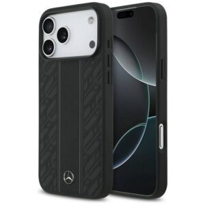 Mercedes Leather Laurel Leaves csíkos csíkok MagSafe tok iPhone 17 Pro Max-hoz Fekete
