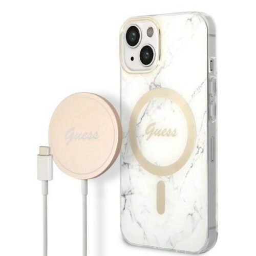 Guess GUBPP14MHMEACSH tok+ töltő iPhone 14 Plus 6.7" fehér keménytok Marble MagSafe