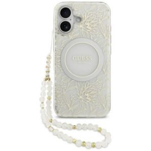Guess IML Virágok Electro Pearl Strap MagSafe tok iPhone 17-hez fehér