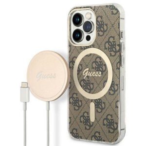 Guess tok+ töltő iPhone 13 Pro barna 4G Print MagSafe keménytok