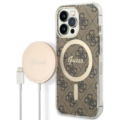 Guess tok+ töltő iPhone 13 Pro barna 4G Print MagSafe keménytok