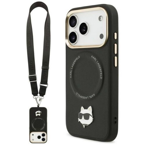 Karl Lagerfeld Big Strap Choupette fém logó MagSafe tok iPhone 17 Pro Max fekete