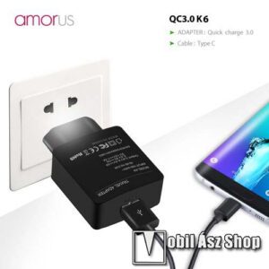 AMORUS K6 hálózati töltő USB aljzattal - Qualcomm QC 3.0 (6.5V-9V/2A 9V-12V/1.5A) (18W) és 3.6V-6.5V/3A (20W)