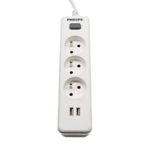 Elosztó Philips hosszabbítókábel 3 aljzat + 2 USB 2m 10A - fehér