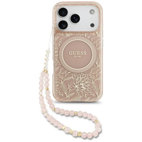Guess IML Virágok Electro Pearl Strap MagSafe tok iPhone 17 Pro rózsaszín