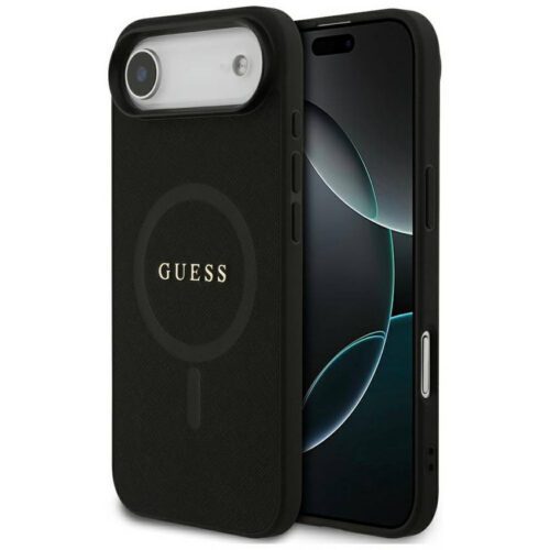 Guess Saffiano klasszikus logós MagSafe tok iPhone Airhez Fekete