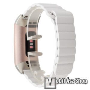 Okosóra mágneses loop szíj - FEHÉR - valódi bőr - 18mm széles - Fitbit Charge 3 / Fitbit Charge 3 SE / Fitbit Charge 4