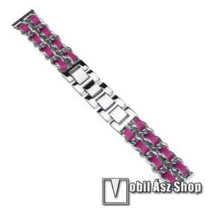 Okosóra szíj - EZÜST / MAGENTA - rozsdamentes acél / PU bőr - 190mm hosszú
