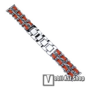 Okosóra szíj - EZÜST / NARANCSSÁRGA - rozsdamentes acél / PU bőr - 190mm hosszú