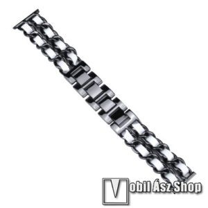 Okosóra szíj - FEKETE / FEHÉR - rozsdamentes acél / PU bőr - 190mm hosszú
