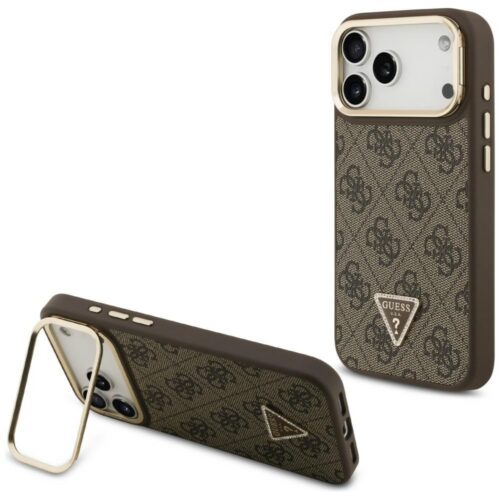 Tojás Guess 4G PU háromszög logó & állvány kamera Magsafe iPhone 17 Pro Max barna