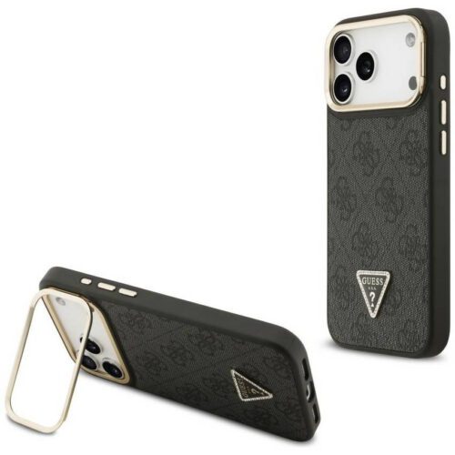Tojás Guess 4G PU háromszög logó & állvány kamera Magsafe iPhone 17 Pro Max-hoz fekete