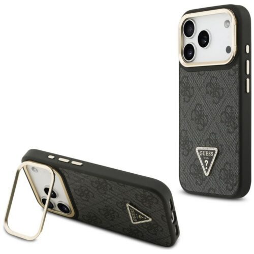 Tojás Guess 4G PU háromszög logó és állvány kamera Magsafe iPhone 17 Pro fekete