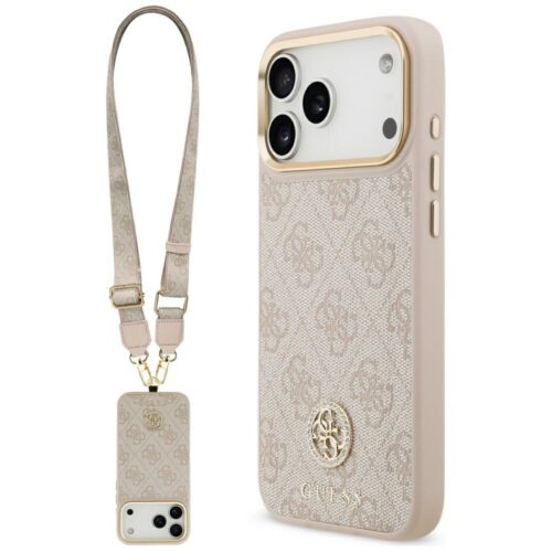 tok Guess 4G Strass Logo & Big Strap fémgombok MagSafe iPhone 17 Pro Max rózsaszínhez