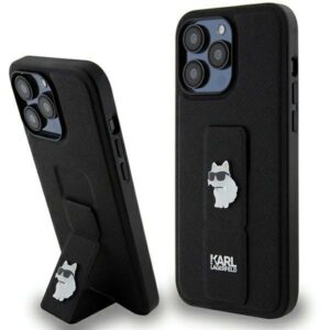 Karl Lagerfeld KLHCP13XGSACHPK iPhone 13 Pro Max 6.7" fekete keménytok Gripstand Saffiano Choupette kitűző