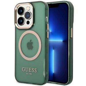Guess GUHMP14LHTCMA iPhone 14 Pro 6.1" zöld/khaki keménytok arany kontúrú MagSafe áttetsző tok
