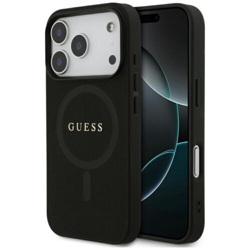 Guess Saffiano klasszikus logós MagSafe tok iPhone 17 Pro-hoz Fekete