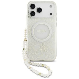 Guess IML Virágok Electro Pearl Strap MagSafe tok iPhone 17 Pro Max Fehér